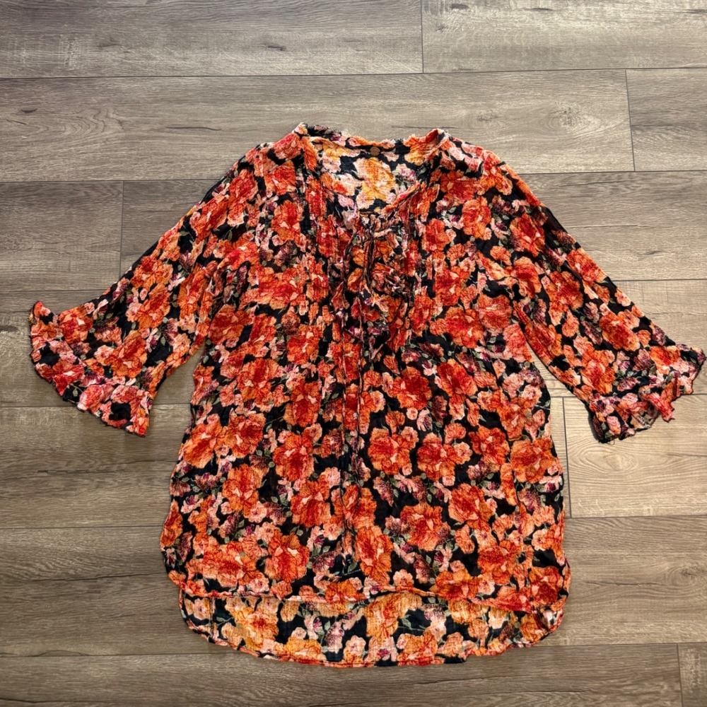 Free People We The Free Nisha Tunic Top Orange Floral Ruffle Gauze Small